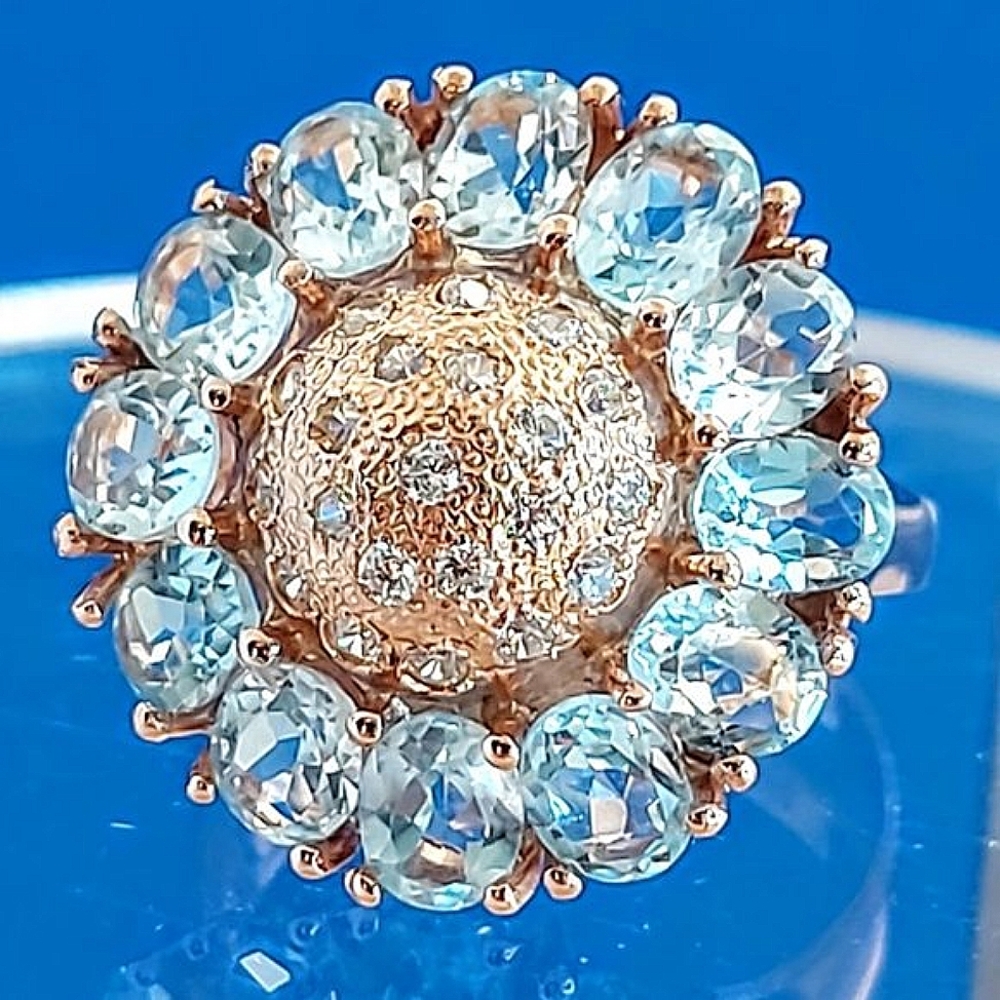 GENUINE SKY BLUE TOPAZ & WHITE CZ 925 STERLING SILVER FLOWER RING 7